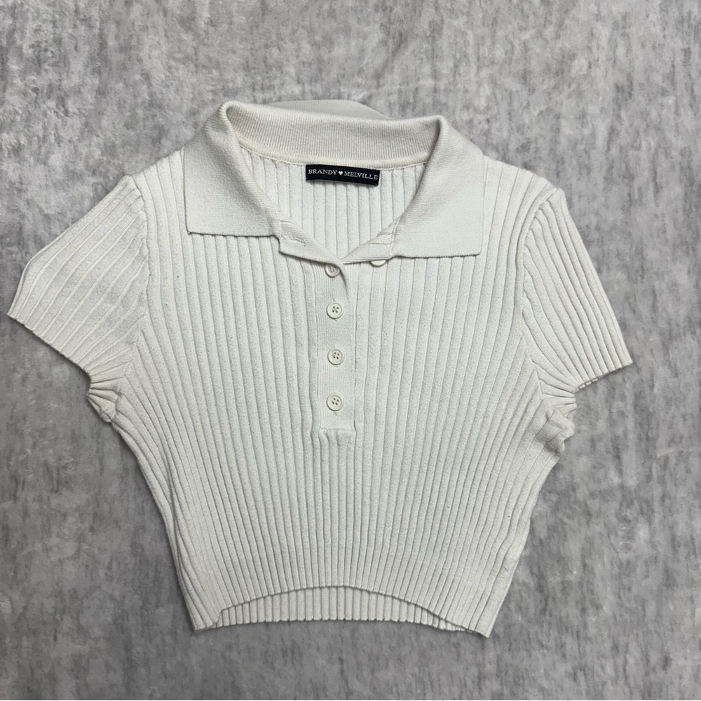 Brandy Melville Bridget Cropped Collar Ribbed Shirt - Cream